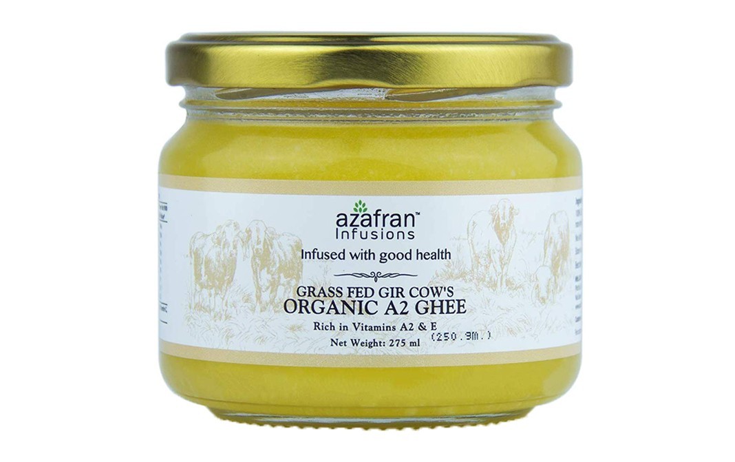 Azafran Grass Fed Gir Cow's Organic A2 Ghee   Glass Jar  275 millilitre